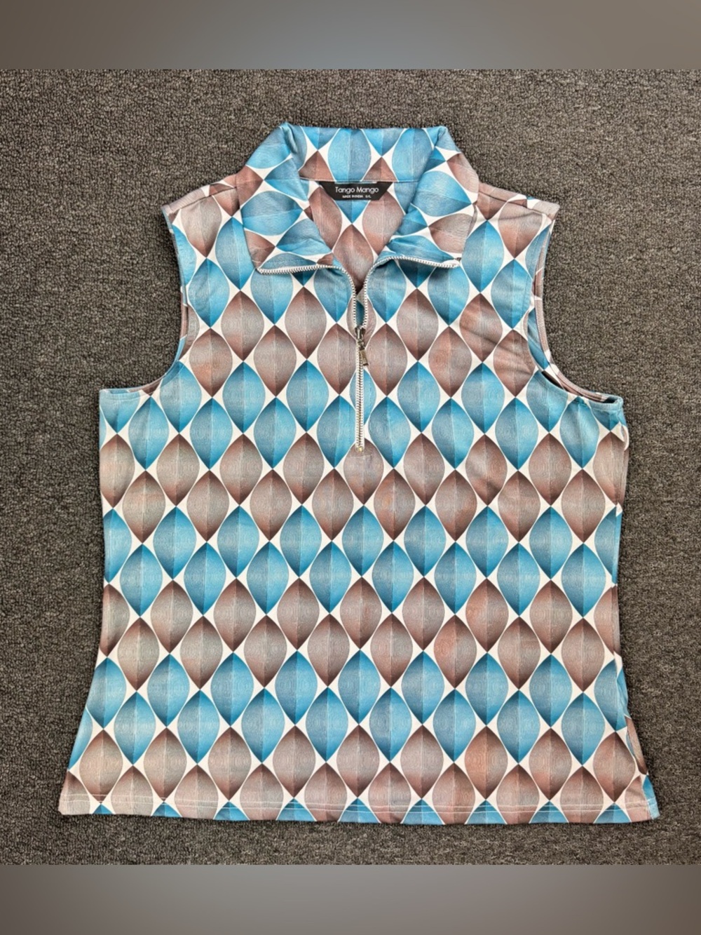 Tango Mango Blue & Brown Geo Sleeveless Zip Polo Tank